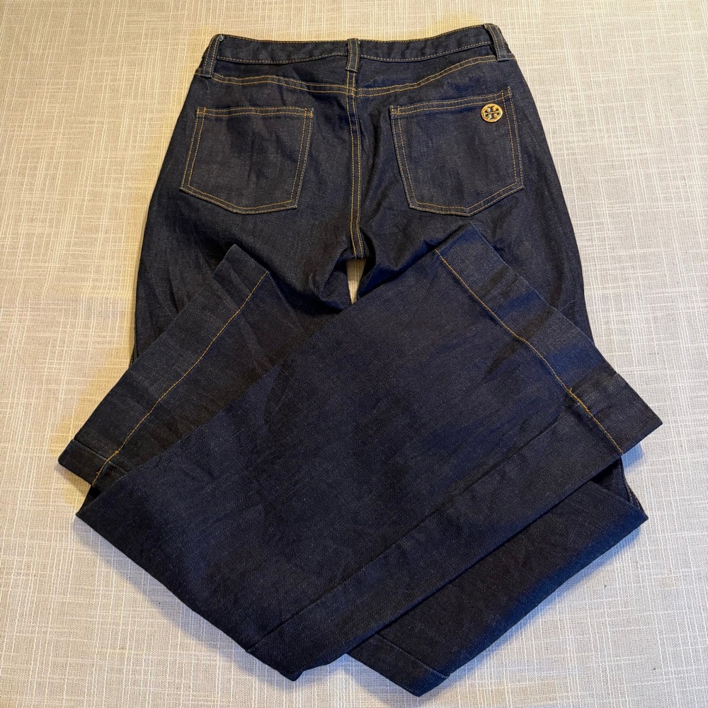 Tory Burch Dark Wash Wide Leg Denim Jeans Gold Logo Size 26 Indigo Stretch